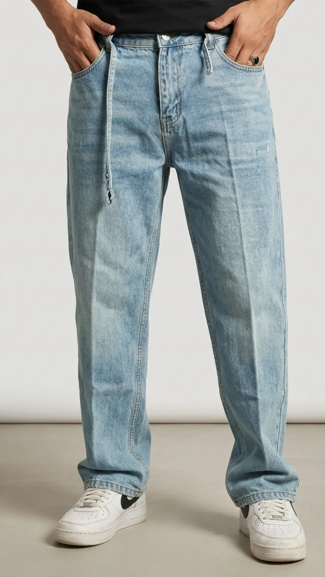 Men's Light Wash Baggy Tie-Belt Jeans